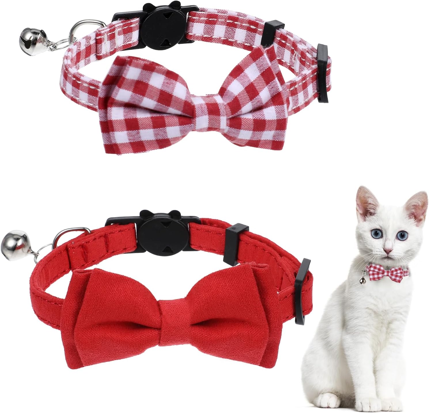2 Pcs Red Cat Collar for Boy Girl Cats Breakaway Cat Collars with Bell Cute Christmas Kitten Bow Tie Collar Adjustable Small Puppy Safety Collar Solid Color Plaid Pet Collar
