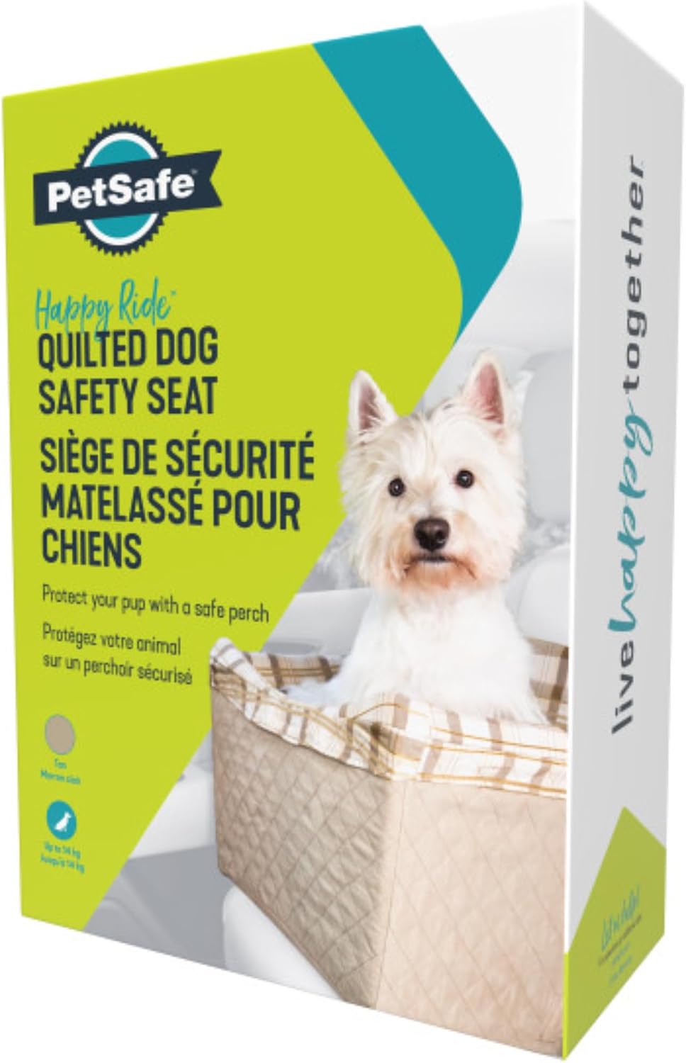 PetSafe Happy Ride Dog Safety Seat - Pet Booster Seat for Cars, Trucks and 4X4s - Included Seat Belt Tether - Durable Liner is Machine-Washable and Easy to Clean - Quilted Tan