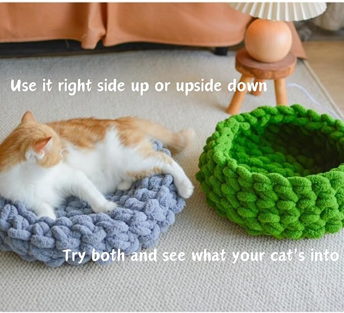 Cat Nest Bed - Premium Self Warming Handwoven Washable Extra Soft Round Cave House for Indoor Kitten & Kitty, Small & Large (Grayish Blue,Large)