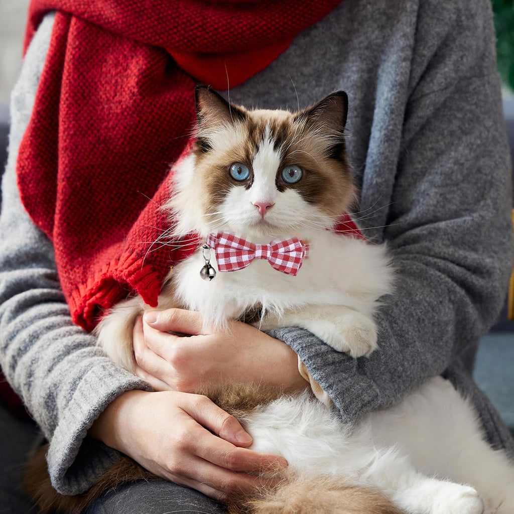 2 Pcs Red Cat Collar for Boy Girl Cats Breakaway Cat Collars with Bell Cute Christmas Kitten Bow Tie Collar Adjustable Small Puppy Safety Collar Solid Color Plaid Pet Collar