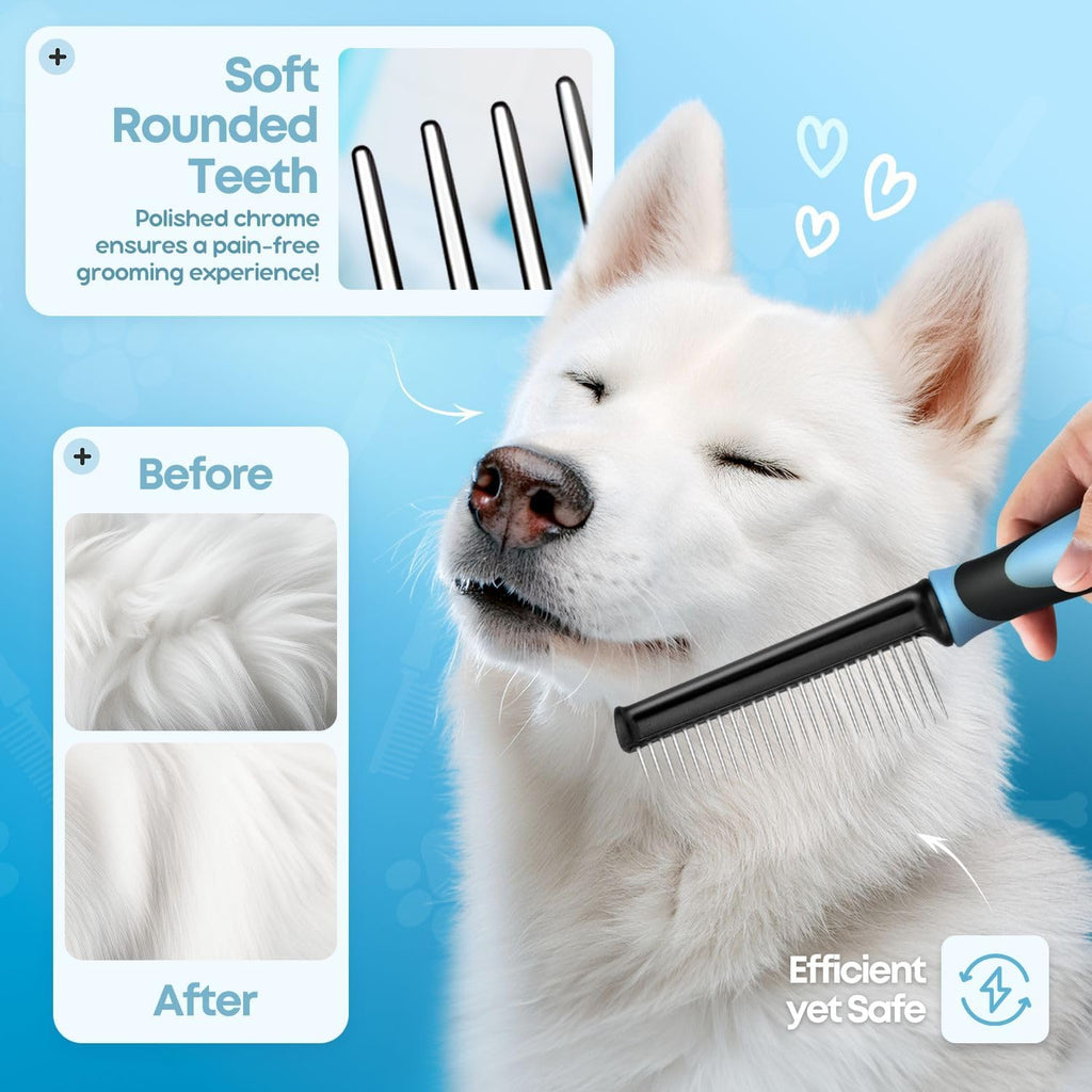 Flexzion Metal Dog Comb for Grooming and Dematting, Blue Soft-Grip Handle | Detangling Pet Comb for Dogs and Cats with Rounded Stainless Steel Teeth and a Non-Slip Grip
