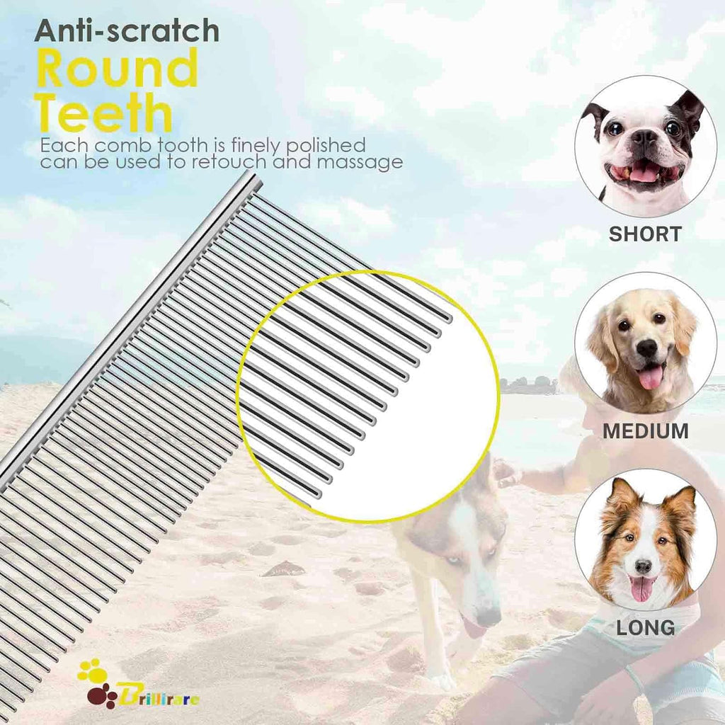 2 Pack Dog Grooming Comb Pet, Stainless Steel Cat Combs with Rounded Teeth, Professional Metal Tear Stain Remover, Dematting Tool for Small, Medium & Large Pets-7.5in