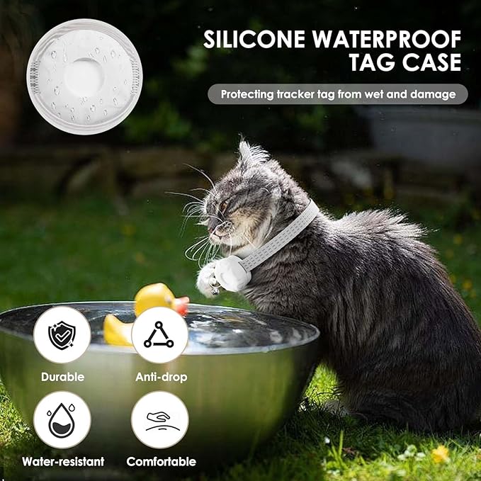 Cat GPS Tracker, Cat Tracker Compatible with Apple Find My App (Only iOS), No Monthly Fee, Waterproof, Breakaway Collar Included, Up to 1 Year Battery (White Tracker, White Cat Collar)