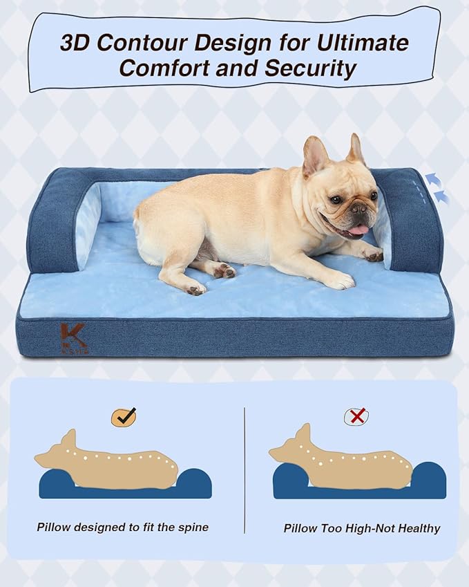 KSIIA Washable Dog Bed Large Sized Senior Dog, Orthopedic Warm Soft Pet Sofa Waterproof Pet Couch with Sides, Non-Slip and Egg-Crate Foam Big Beds with Removable Cover, 35x22Inch, Blue