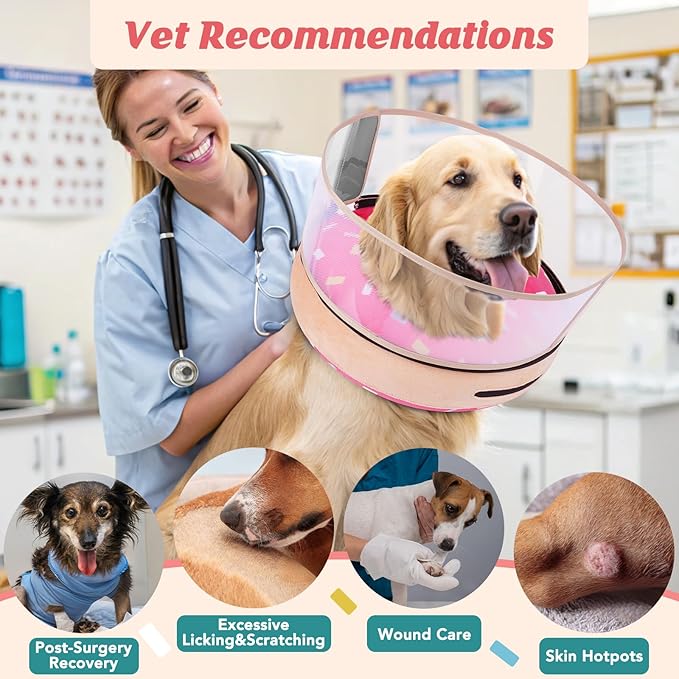 Inflatable Dog Cone with Anti-Licking Clear Shield, Protective Dog Donut Collar After Surgery, Adjustable Soft Recovery Cone for Pets, Alternative Collar with Buckle Strap (Pink, L)
