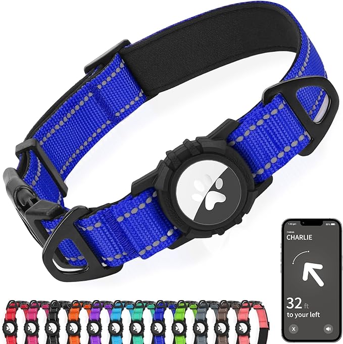 Joytale Airtag Dog Collar, Reflective Pet Collar with Waterproof AirTag Holder, Dual D-Rings, Soft Padded Adjustable for Medium Dogs, Navy Blue, M