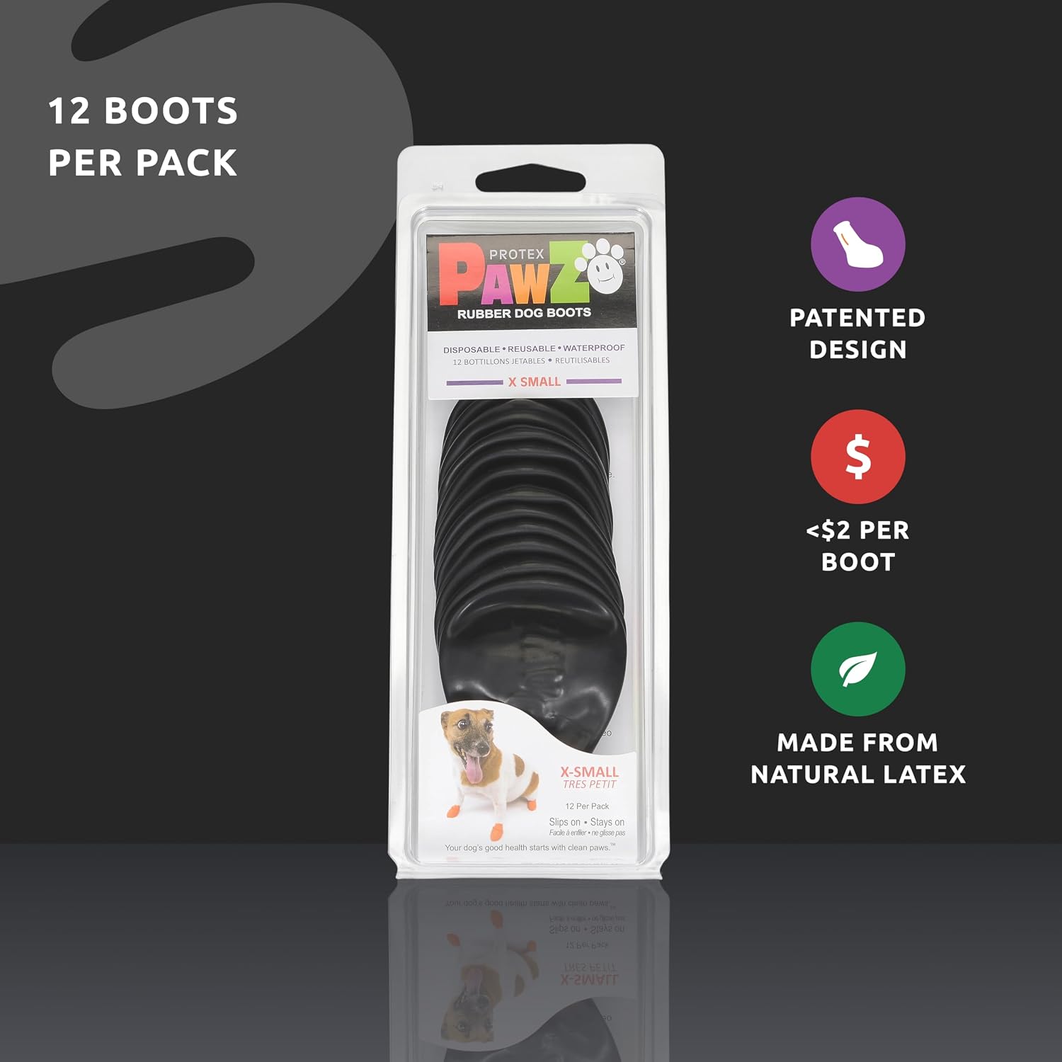 PawZ Rubber Dog Boots for Paws up to 2", 24 Total (2 Packs of 12) - All-Weather Booties for Hot Pavement, Snow, Mud, and Rain - Waterproof, Anti Slip Dog Socks - X-Small, Black