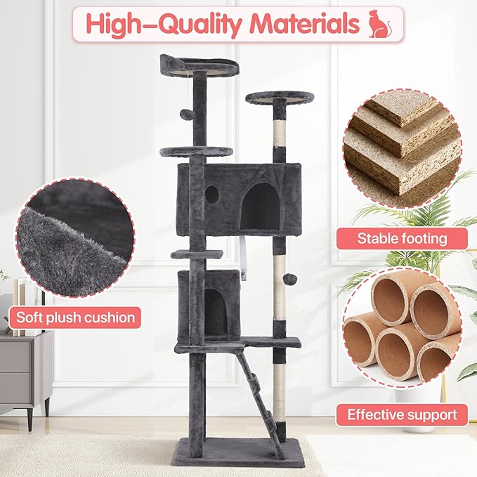 70in Cat Tree Cat Climbing Tower with Scratching Post, Cats House Perch Kitten Tree Condo Wood Playhouse, Pet Trees Tower for Indoor Cats, ASHY