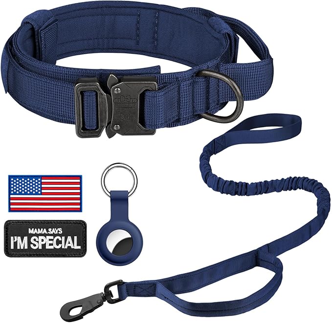 DAGANXI Tactical Dog Collar, Adjustable Military Training Nylon Dog Collar with Control Handle and Heavy Metal Buckle for Medium and Large Dogs, with Patches and Airtags Case (Midnight Blue-Set, M)