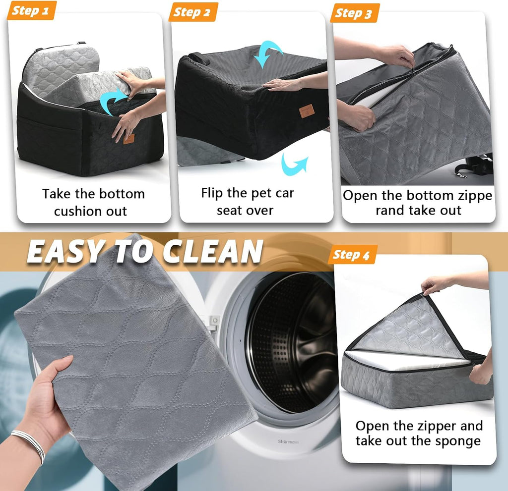 Dog/Cat Car Seat Pet Booster Seat for Dogs/Cats up to 30 lbs | Suitable for Small/Medium Pet Memory Foam with Detachable Washable Cover Travel-Safe Car Bed with Safety Belt/Storage Pocket