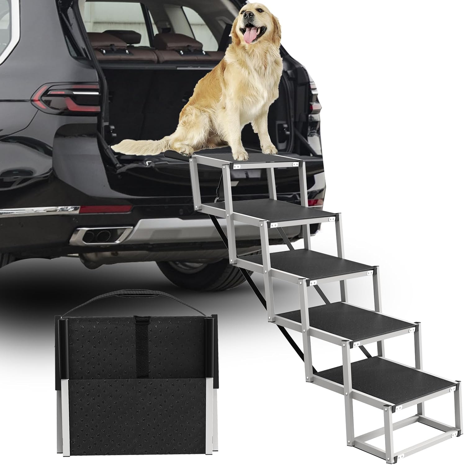 Deergym Dog Stairs for Large Dogs - 5 Step Wide 16in High 34in Foldable Dog Ramp for Car Non-Slip Surface Support up to 230lbs - Suitable for SUV,Truck, Sofas, Bed