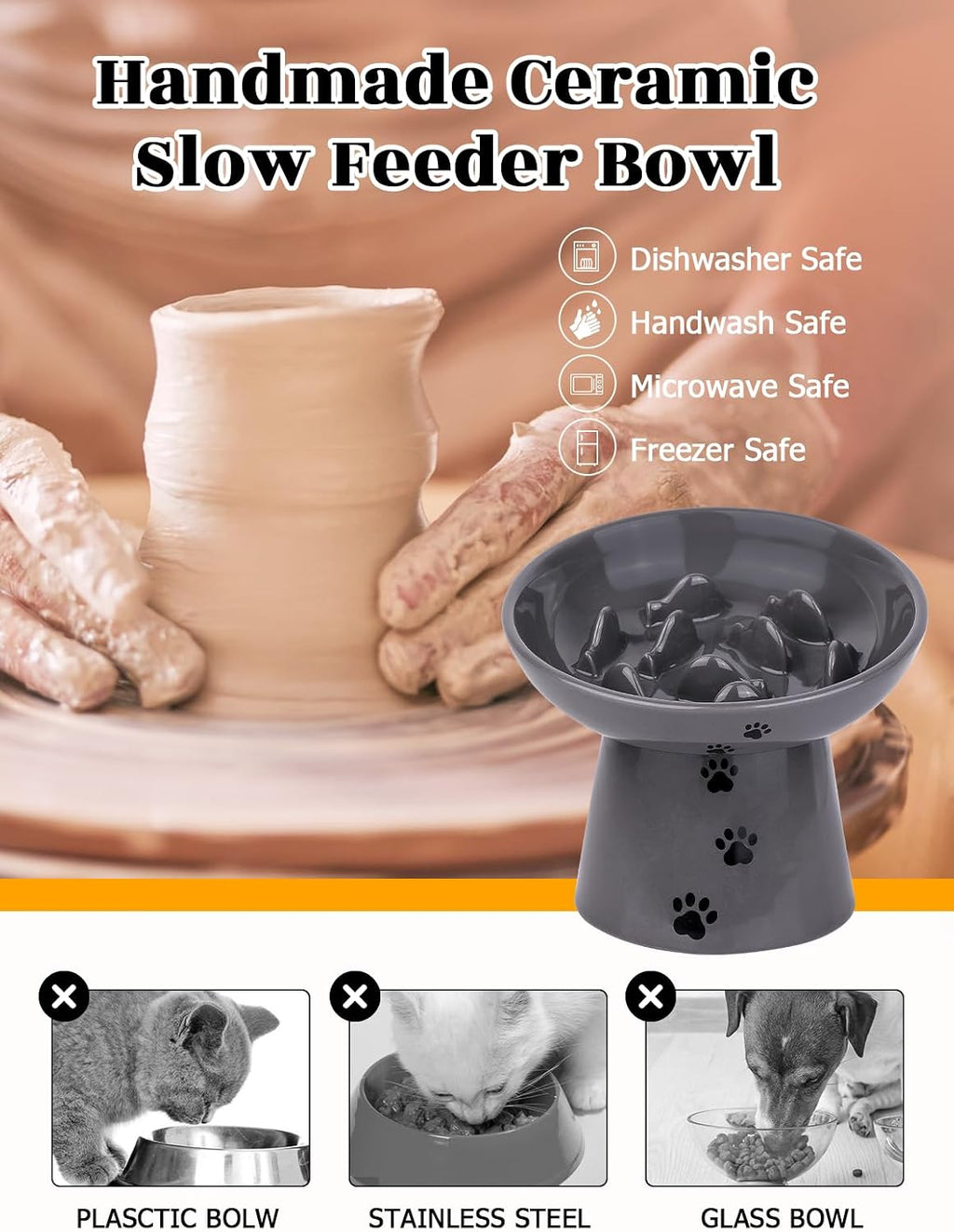 Y YHY Slow Feeder Cat Bowl, Ceramic Cat Slow Feeder Bowl, 6 Inches, Elevated, Anti Vomiting for Dry and Wet Food, Gray