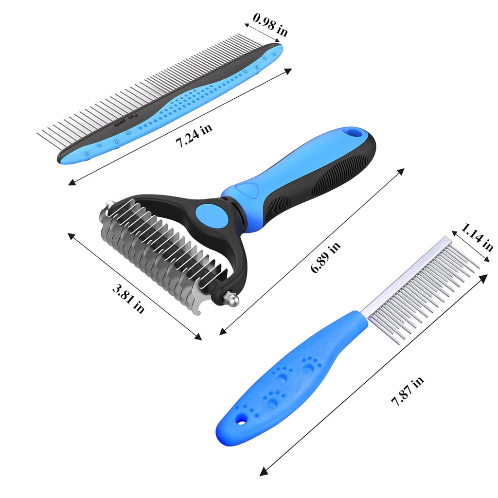 4 Pack Pet Grooming Combo - Blue Deshedding Brush,With Metal Comb,Bath Brush, With Long & Short Stainless Steel Teeth Depilatory Comb For Detangling And Dematting Long, Matted Fur On Cats And Dogs