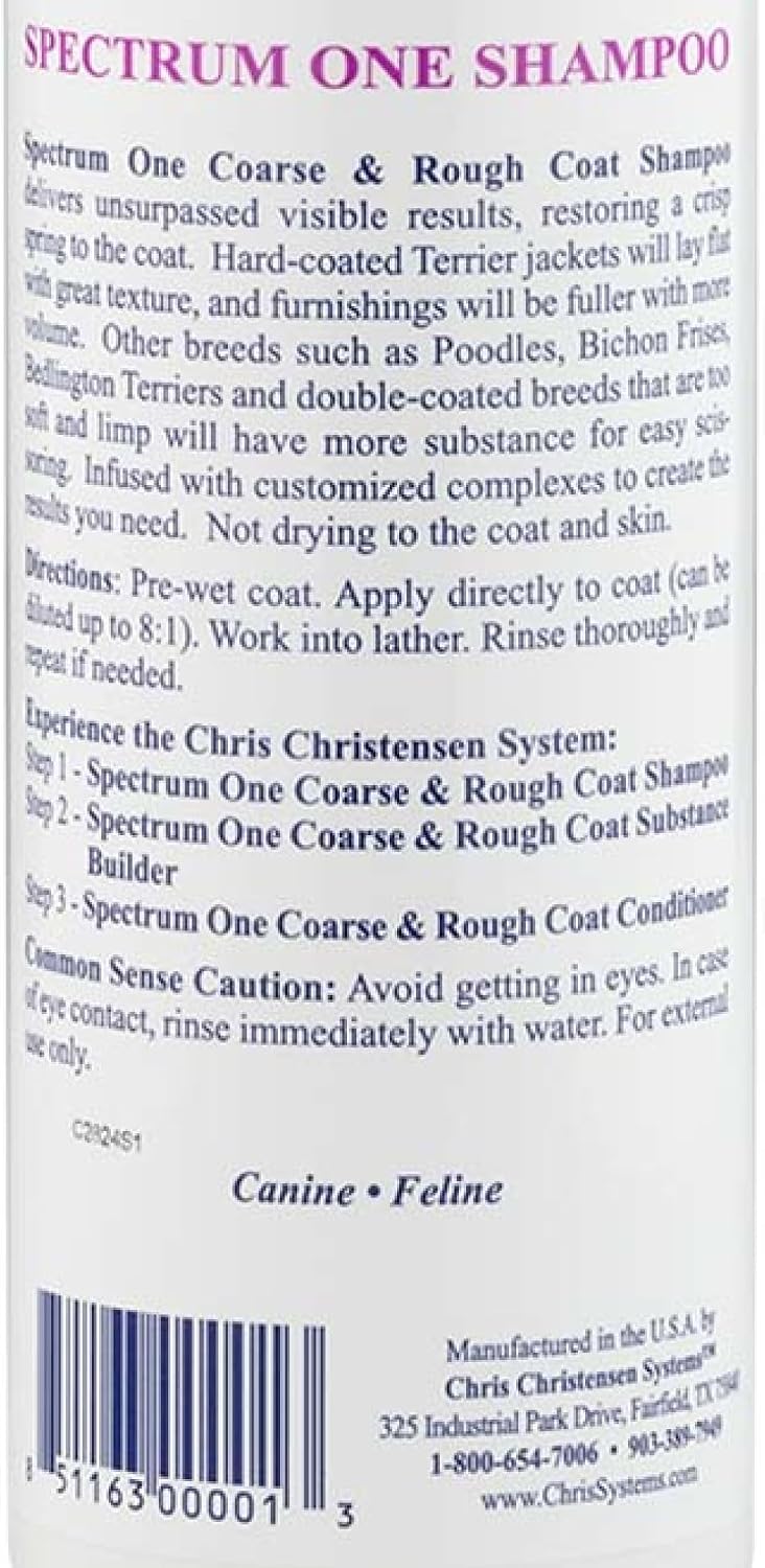 Chris Christensen Spectrum One Dog Shampoo, Coarse and Rough Coat, Groom Like a Professional, Maintain Crisp Texture, Will Not Dry Out Coat or Skin, Made in The USA, 16 oz