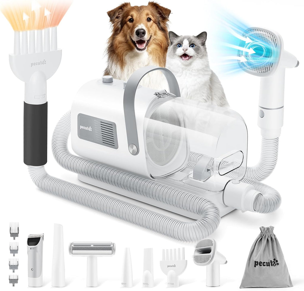 Pecute 7-in-1 Dog Grooming Vacuum & Dryer for Heavy Shedding | 10000Pa suction, adj suction & temp, home & salon use, 55dB low noise, 1.7L dust cup, reduces flying hair, easy cleanup