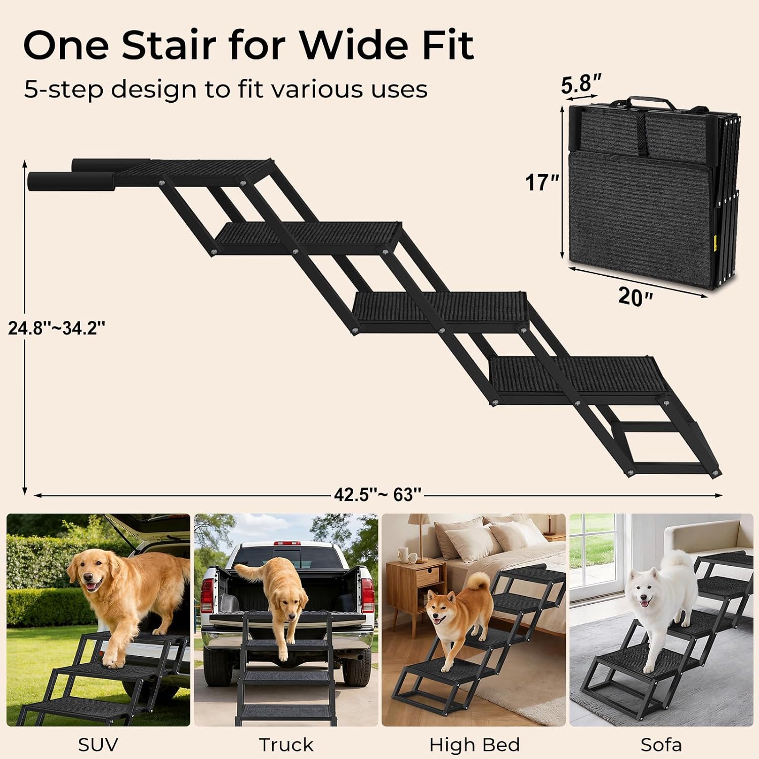 URPOWER Dog Stairs for Large Dogs Extra Wide 20" with 5-Step Dog Ramp Steps | Foldable Pet Stairs, Detachable for Car High Bed, Non Slip Surface Car Ramps for SUV Truck, Supports up to 260 LBS
