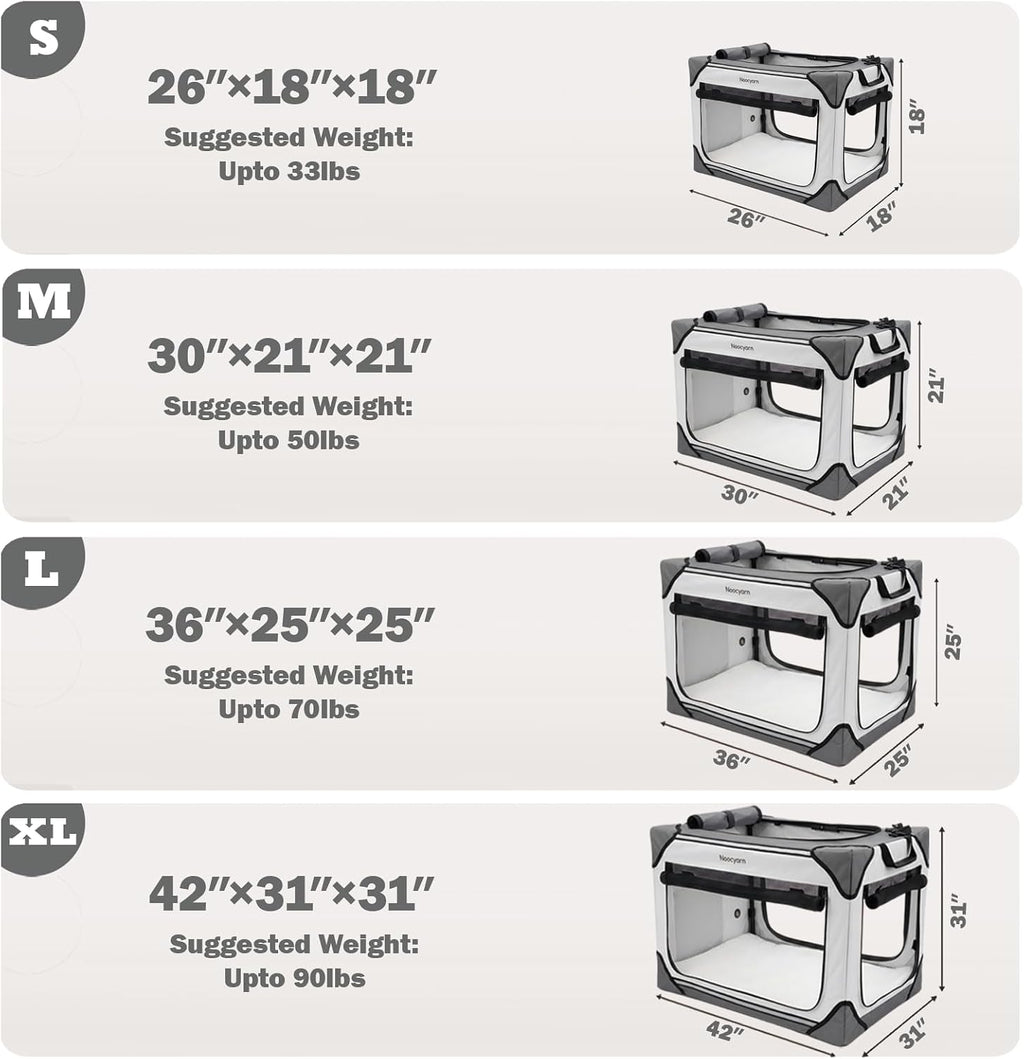 Collapsible Soft Dog Crate 36 Inch, Portable Travel Pet Crate for Large Dogs with 4-Door Mesh, Large Dog Kennel Indoor & Outdoor, Light Grey