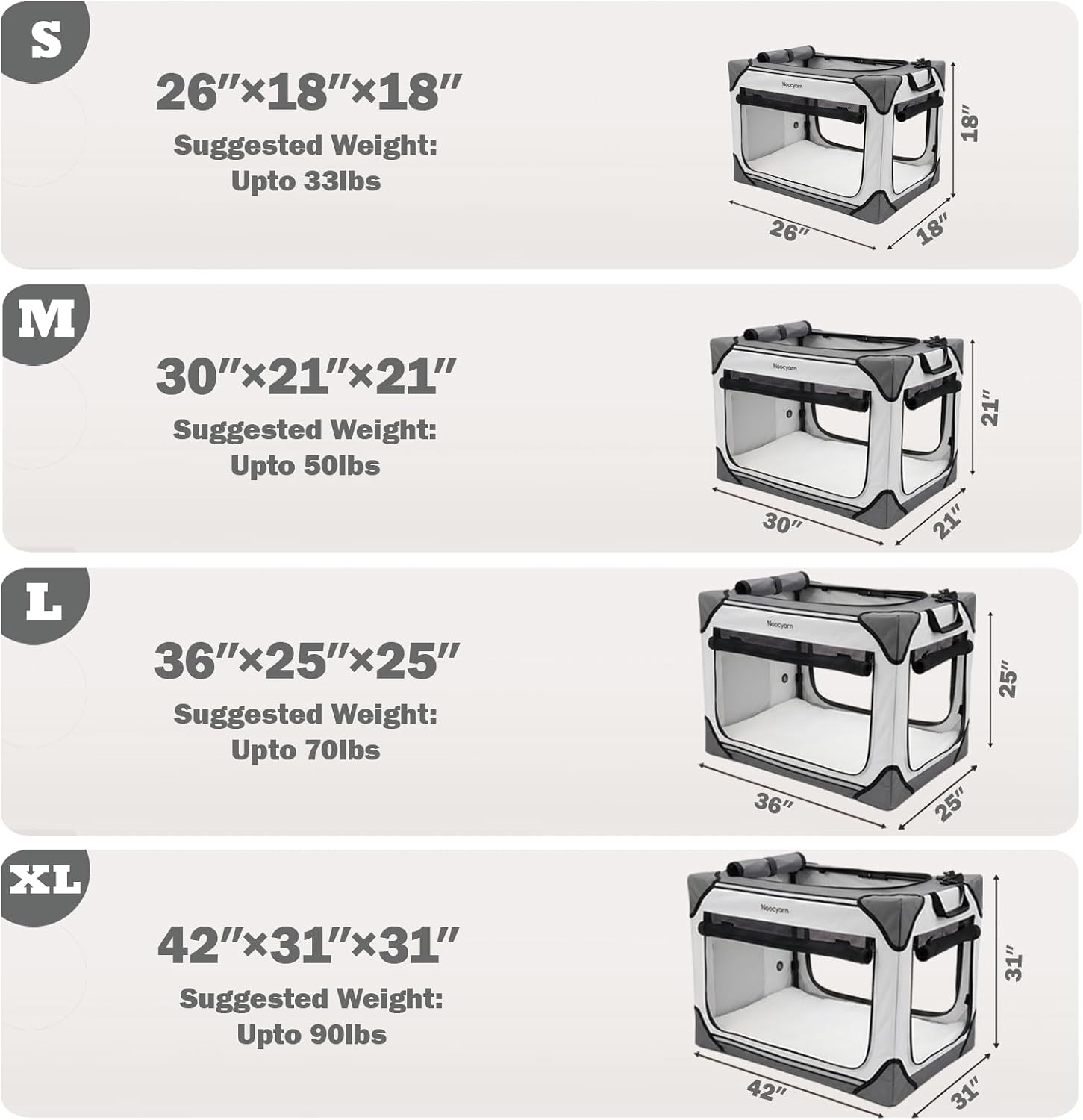 Collapsible Soft Dog Crate 36 Inch, Portable Travel Pet Crate for Large Dogs with 4-Door Mesh, Large Dog Kennel Indoor & Outdoor, Light Grey