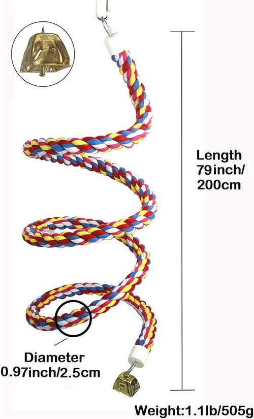 2PCSx 79inch(200cm) Bird Spiral Rope with Golden Bell Perches Birdcage Swing Toys 100% Cotton Natural Bird Perch Peck/Chewing Climbing Standing Bungee Parrot Toys for Regular to Large Size Parrot