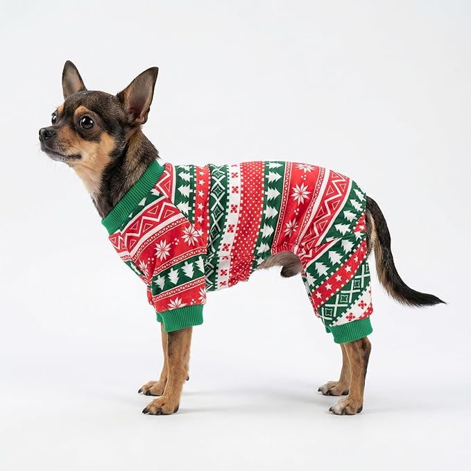 Fitwarm Dog Christmas Outfit, Holiday Pet Clothes for Small Dogs Boy Girl, Festive Pajamas with Feet, Puppy Onesie, Red, Green, XXL