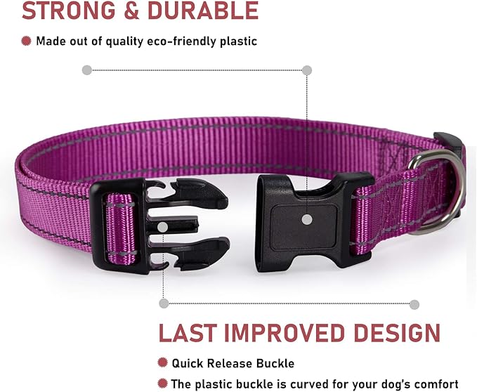 Reflective Dog Collar with Buckle Adjustable Safety Nylon Collars for Small Medium Large Dogs, Purple L