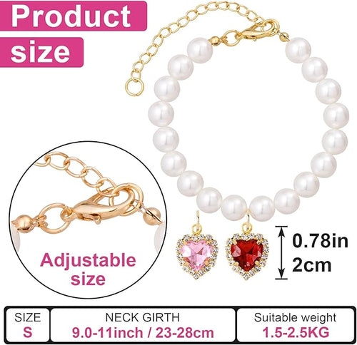 2pcs Cat Pearl Collar with Heart Pendant, Cute Pearl Pet Necklace in Small, Adjustable Wedding Party Small Dog Jewelry Accessories for Puppy Kitten- Pink & Red