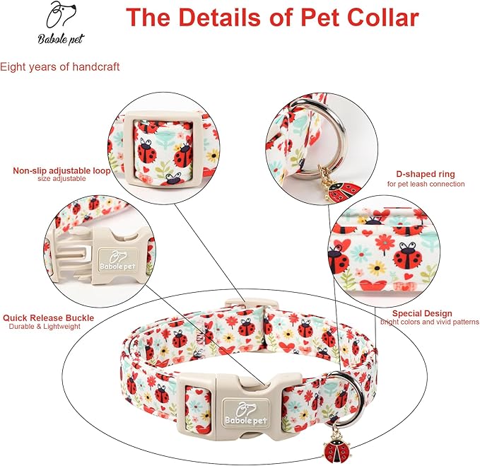 Ladybug Dog Collar for Small Dogs - Cute Spring/Summer Dog Collar, Lightweight Adjustable Cartoon Love Bug Garden Mom Dogs Collars with Quick Release Buckle XS