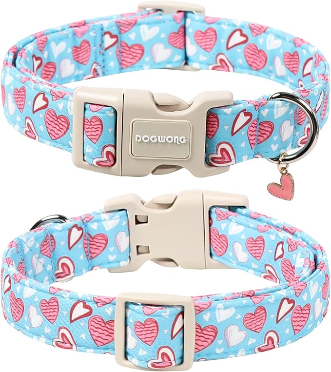 DOGWONG Blue Heart Dog Collar, Cute Valentine Collar, Valentine's Day Dog Collar with Strong Plastic Buckle for Small Medium Large Dogs,XL