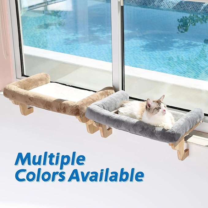Zakkart Cat Perch for Window Sill with Bolster - Orthopedic Hammock Design with Premium Hardwood & Robust Metal Frame - Cat Window Seat for Large Cats - Natural Color Wood Gray Bed, XLarge 26.4''W