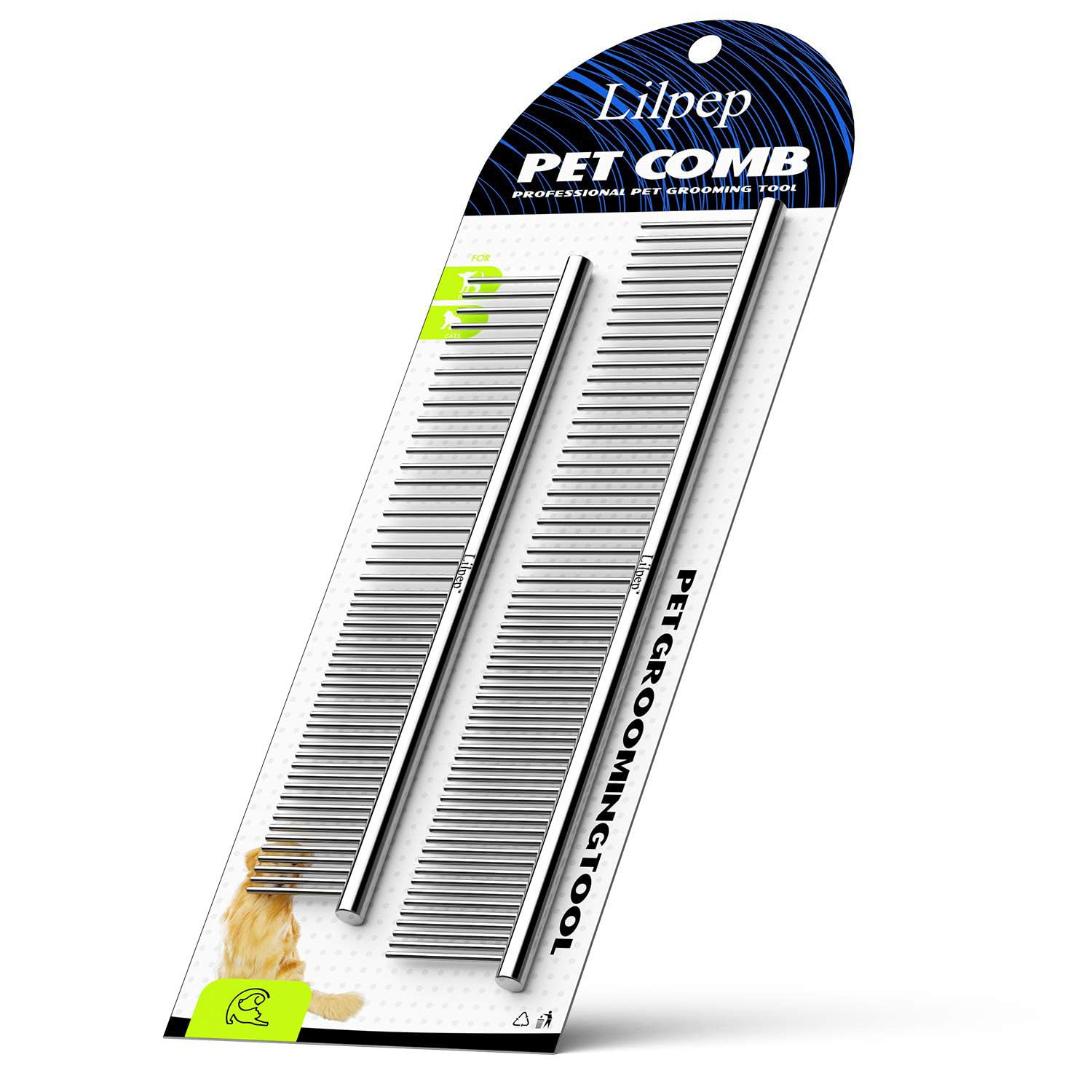 Lilpep 2PCS Stainless Steel Metal Dog Comb, For Removing Tangled Mats And Massaging Pet Combs, Professional Pet Grooming Tools