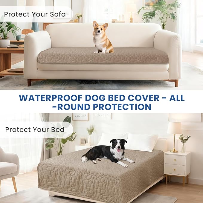 Waterproof Dog Blanket, Non-Slip Soft Pet Bed Cover, Couch Cover for Dogs Washable, Protects Sofa, Furniture, Crate, Car, Tear Resistant Leakproof Pet Blanket (68x82 Inch, Khaki)