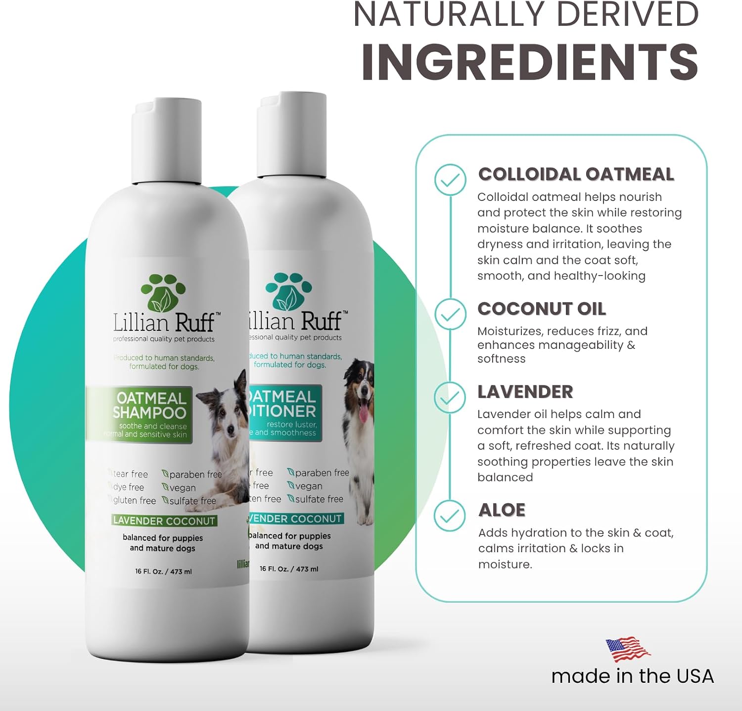 Lillian Ruff PRO Formula Deodorizing Oatmeal Dog Shampoo & Conditioner Set - Calm Itching & Allergies, Ultra-Nourishing Dry Skin Relief - Oatmeal, Aloe, Coconut Oil, Lavender & Provitamin B5, USA Made