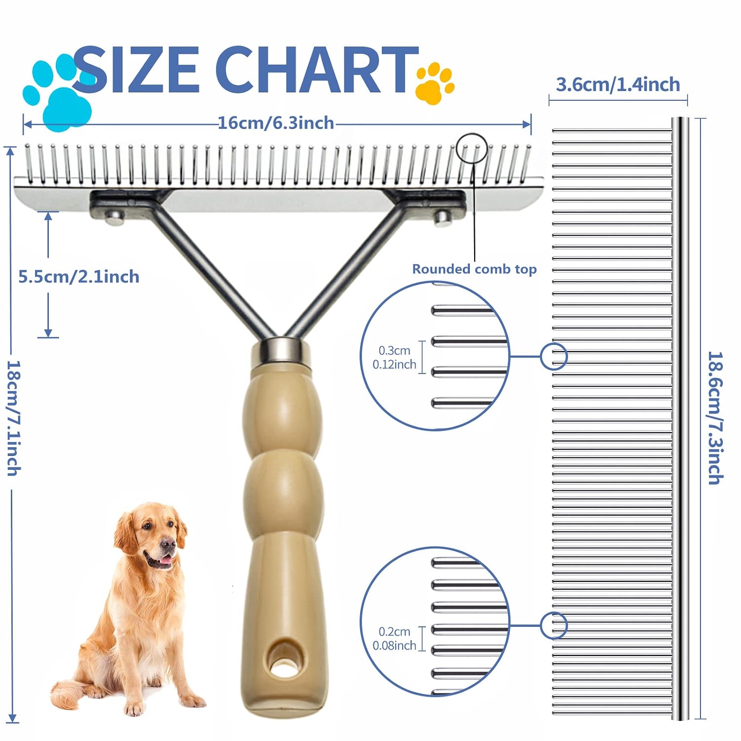Dog Rake for Undercoat, Long-Haired Pet Brush & Metal Shedding Comb | Long-Tooth Rake, for Husky Golden Retriever German Shepherd Cats, Pet Grooming Set,Horse Brush, Reduce Shedding
