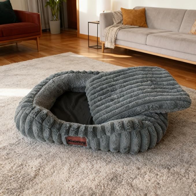 Cute Dog Bed for Extra Large Dogs, XL Washable Soft Plush Furry Calming Dog Bed with Removable Zipper Cover, Orthopedic Rectangle Anti-Anxiety Pet Kennel Bed with Handle, 43x31x5inches, Grey