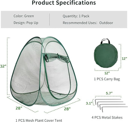 1PC Mesh Plant Protector Tent from Animals, 28X28X32Inch Pop Up Garden Netting Cover Large Green Crop Cage Plant Protection Tent to Protect Outdoor Potted Plants Flowers Fruits from Deer Birds Cat