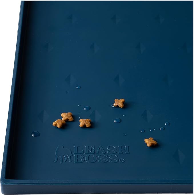 Leash Boss Dog Food Mat - Waterproof Cat & Dog Bowl Mat for Food and Water, Silicone Pet Feeding Mats for Floors, Non-Slip Placemat with High Edges, Puppy Essentials (ML: 20"x13", Navy)