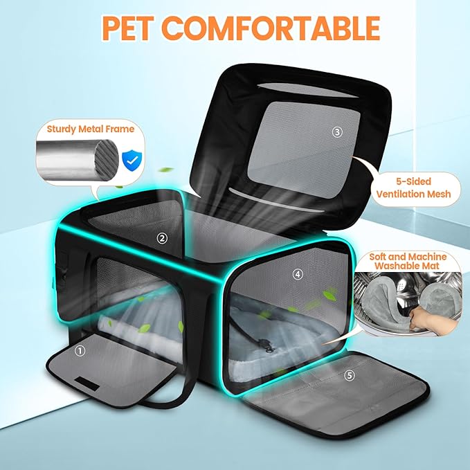 Petskd Top-Expandable Pet Carrier 19x13x9 Inches Southwest Allegiant Airlines Approved, Soft-Sided Carrier for Small Dog Under 12 lbs and Large Cat Under 15 lbs(Black)