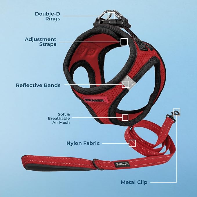 Best Pet Supplies Voyager Step-in Air All Weather Mesh Harness and Reflective Dog 5 ft Leash Combo with Neoprene Handle, for Small, Medium and Large Breed Puppies - Red/Black Trim, XX-Small