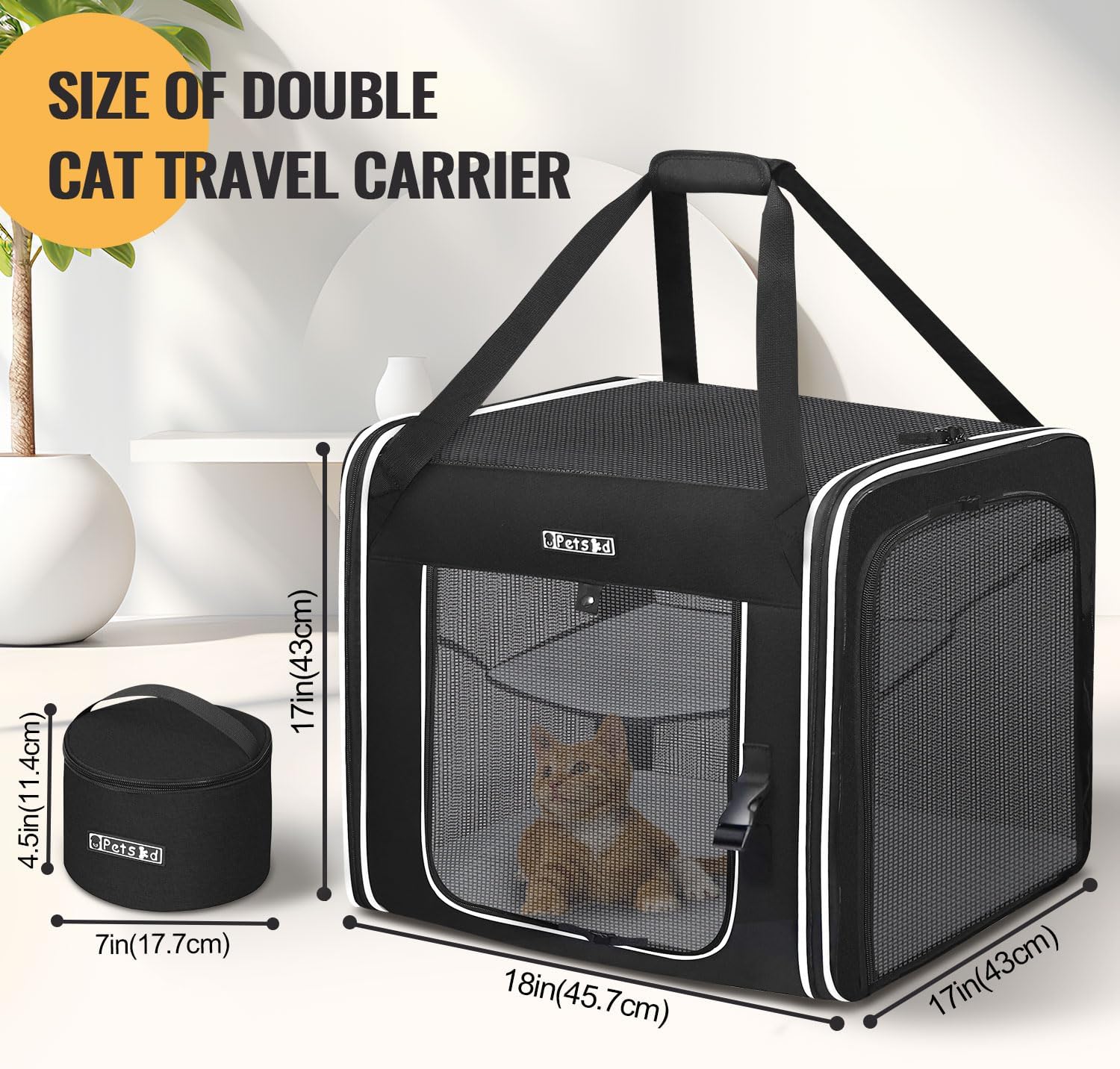 Combinable Pet Car Travel Carrier for a Large Cat/Medium Dog | 18"Lx17"Wx17"H, Small Pet Soft Carriers, Food Bag & Bowl Included, Lockable Safety Zippers, For Car Travel, Vet, Camping