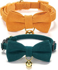2 Pack Soft Corduroy Cat Collars with Bow Tie & Bell Adjustable Breakaway Bowtie Kitten Collar for Girl Boy Kittens(Orange & Dark Green)