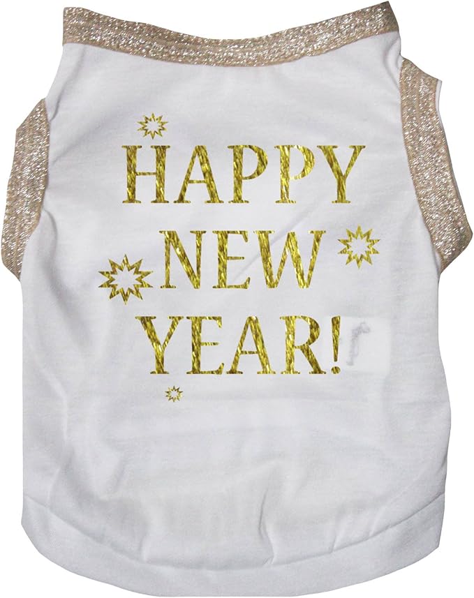 Petitebella Bling Happy New Year Puppy Dog Shirt (White/Gold, Large)