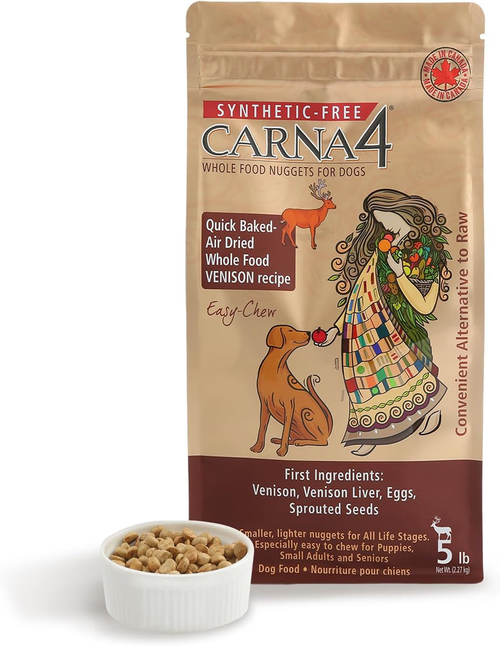CARNA4 Air Dried Dog Food, Venison Recipe, 5 Pound | Pastured New Zealand Venison & Sprouted Seeds, Quick-Baked & Never Extruded, Easy-Chew, No Synthetic Vitamins or Minerals