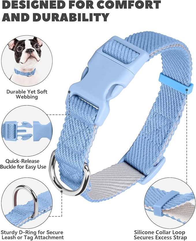 Dynmeow Soft and Breathable Cotton Dog Collar, Durable Adjustable Boy Pet Collar with Quick-Release Buckle, Lightweight for Sensitive Skin for Small and Medium Dogs, Light-Blue, S