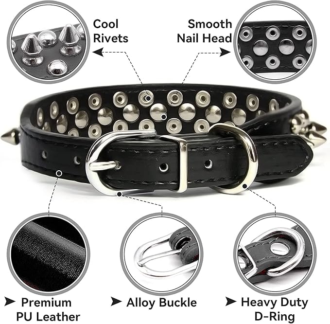 Spiked Dog Collar Soft Pu Leather Mushrooms Rivet Spike Studded Puppy Adjustable Pet Collars for Small Breeds (L, Red)