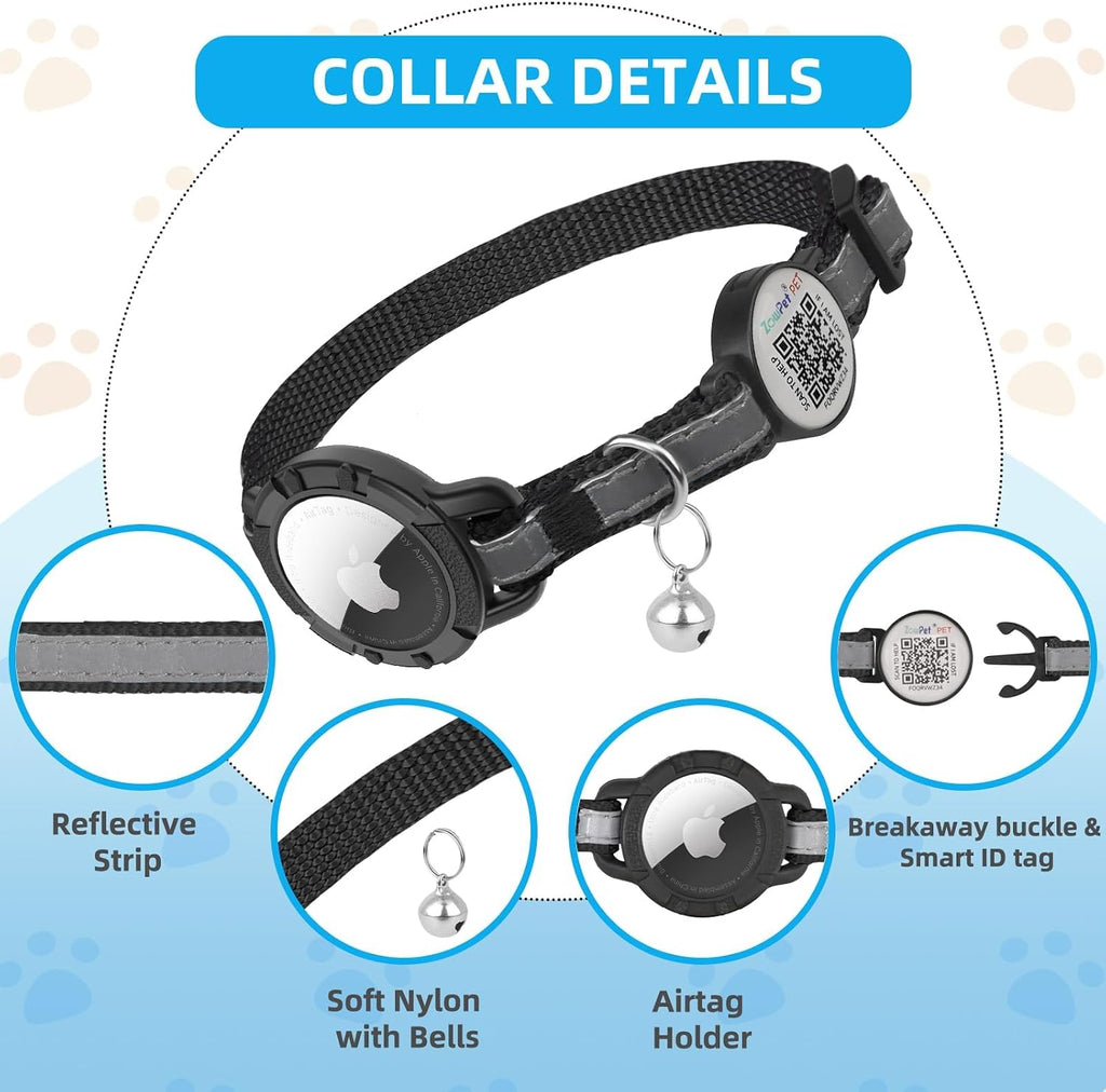 Airtag Cat Collar Breakaway with QR Code Name Tag (Black,8.5-11.5 Inch) | Reflective Kitten Collar with Apple Air tag Holde and Bell, Soft, Durable, Adjustable, Quick Release for Small Large Cat