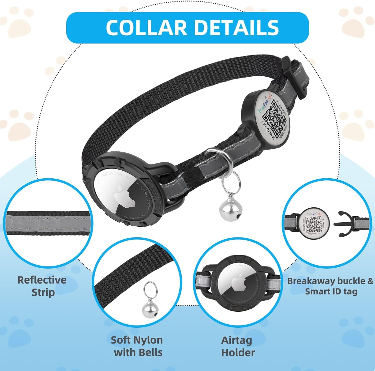 Airtag Cat Collar Breakaway with QR Code Name Tag (Black,8.5-11.5 Inch) | Reflective Kitten Collar with Apple Air tag Holde and Bell, Soft, Durable, Adjustable, Quick Release for Small Large Cat