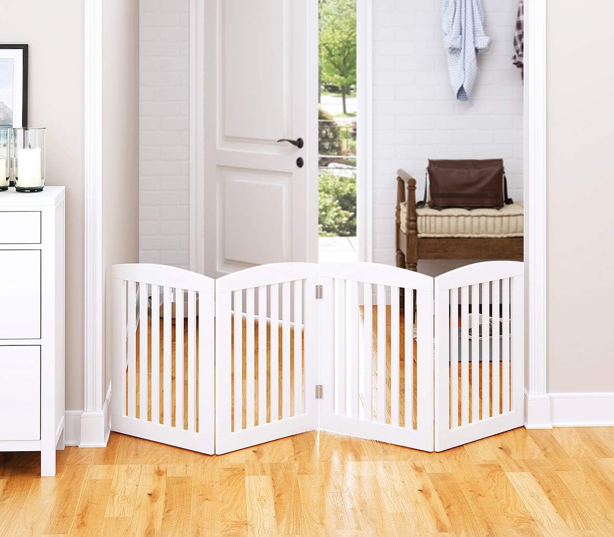 PAWLAND Wooden Freestanding Foldable Pet Gate for Dog,24" H Dog Gate Indoor | Dog Gate for Doorway, Stairs, the House, Step Over Fence, Extra Wide, Room Divider, Front Door, Hallway, 4 Panels, White