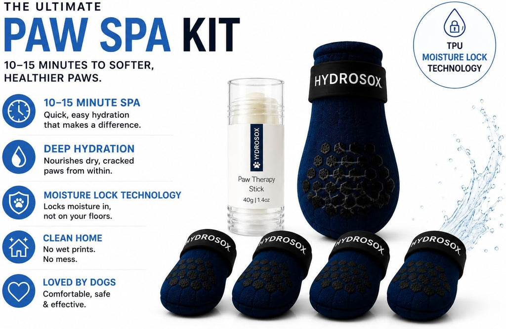 Dog Paw Spa Kit – Paw Balm & Moisturizing Dog Socks for Dry, Cracked Paw Pads – Anti-Lick Paw Protection with 4 Non-Slip Socks + Natural Therapy Stick (Medium)