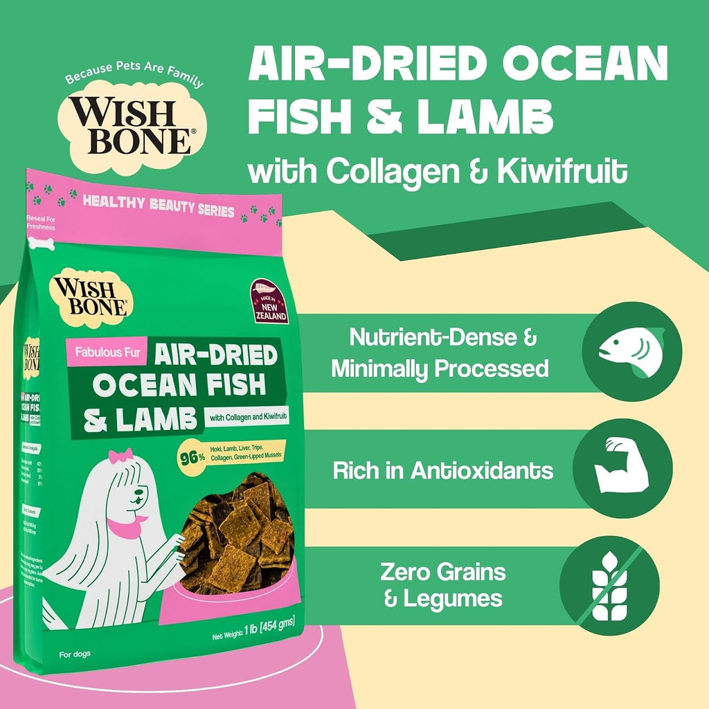 Wishbone Air-Dried Ocean Fish & Lamb Dog Food - Rich in Protein, Grain Free, Fish and Lamb Recipe, Skin and Coat Support for Pet Health - Made in New Zealand - 1lb