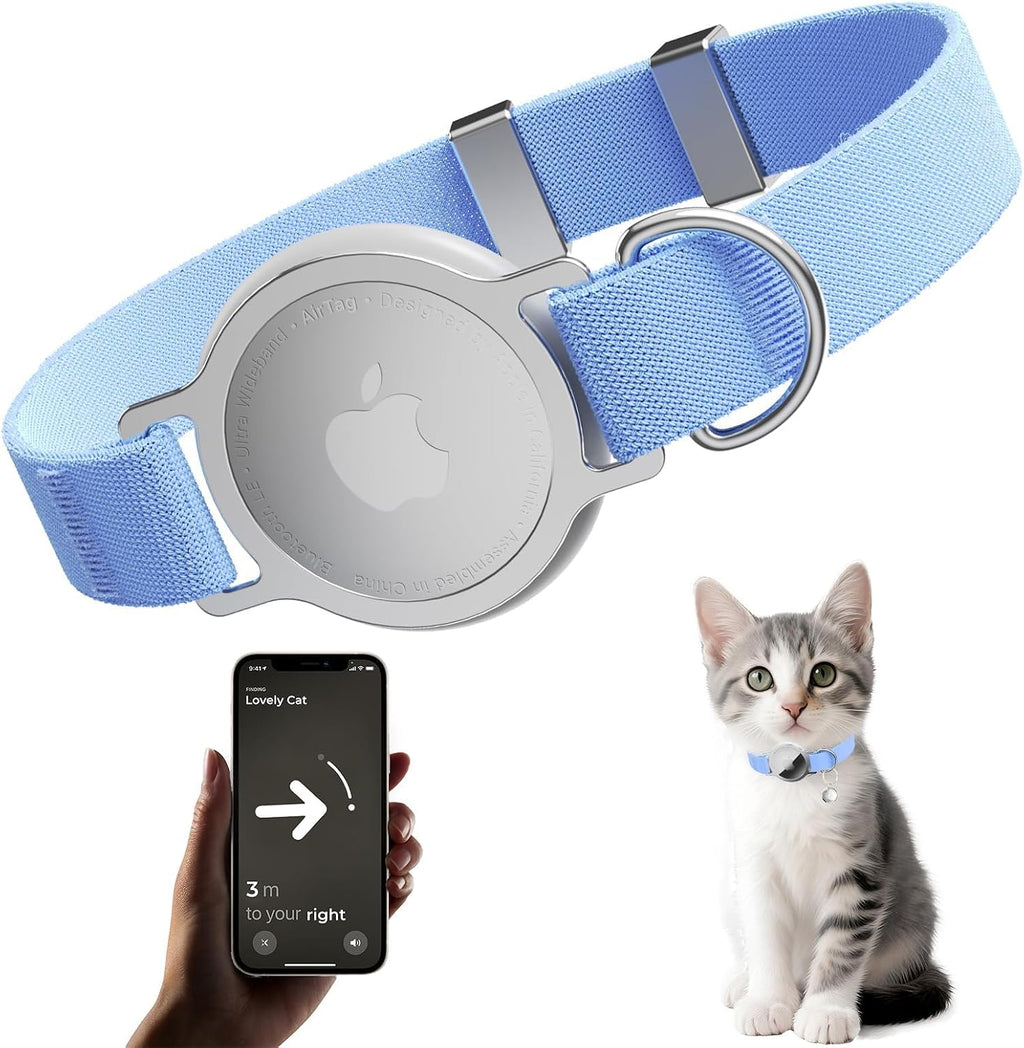 AirTag Cat Collar, Elastic Tracker Collar with Airtag Holder and Bell | Compatible with Apple Air Tag, Lightweight & Scratch Resistant, Adjustable Stepless GPS Pet Collar for Cats Kittens, Blue